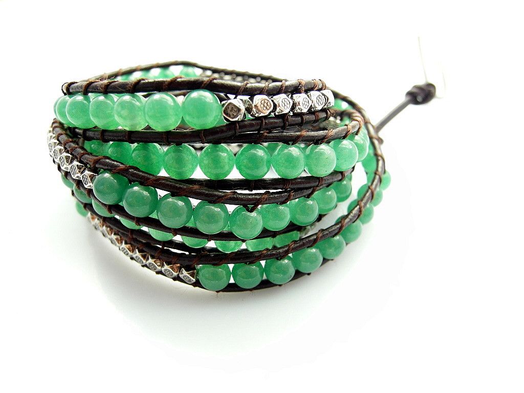 2013 6mm Green Jade Bead Wrap Bracelet New Design Handmade Wrap Leather