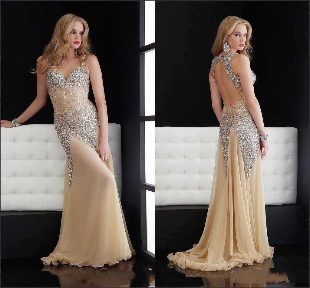 Luxurious Prom Dresses 2015 Nude Spaghetti Strap Dazzling 