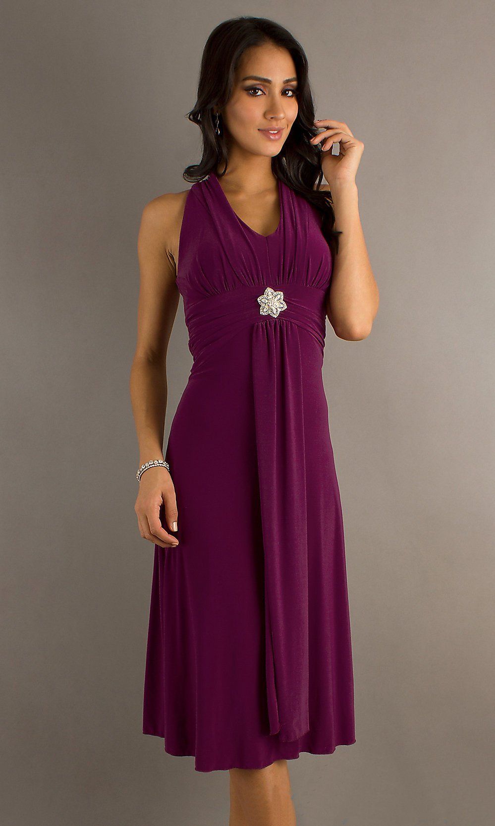 Hot Magenta Semi  Formal  Dress  Halter  Tea Length V Neck  