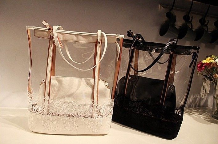 Cheap Handbag Beach Bag Shoulder Bag White Black Color PVC+Lace 0603B8 Cheap Purses Wholesale ...