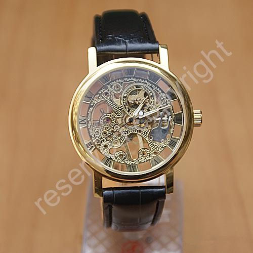 Zwycięzca mody szkielet pusta męska biznesowa ręka wiatru wiatr mężczyźni ubieraj skórzany pasek mechaniczny zegarek na nadgarstku245e