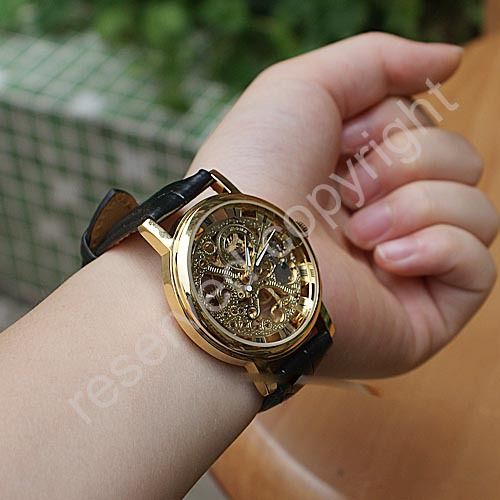  2015 new winner luxury casual female leather business skeleton mechanical women hand wind military wrist watch gift clock