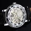 2021 Marca vencedora Silver Gold Tone Skeleton Hand Wind Mechanical Men Men assista marrom preto banda de couro artificial fina case272z