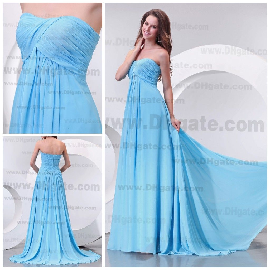 2015 New Cheapest Bridesmaid Dress Blue Strapless A Line Floor Length Chiffon Real Model