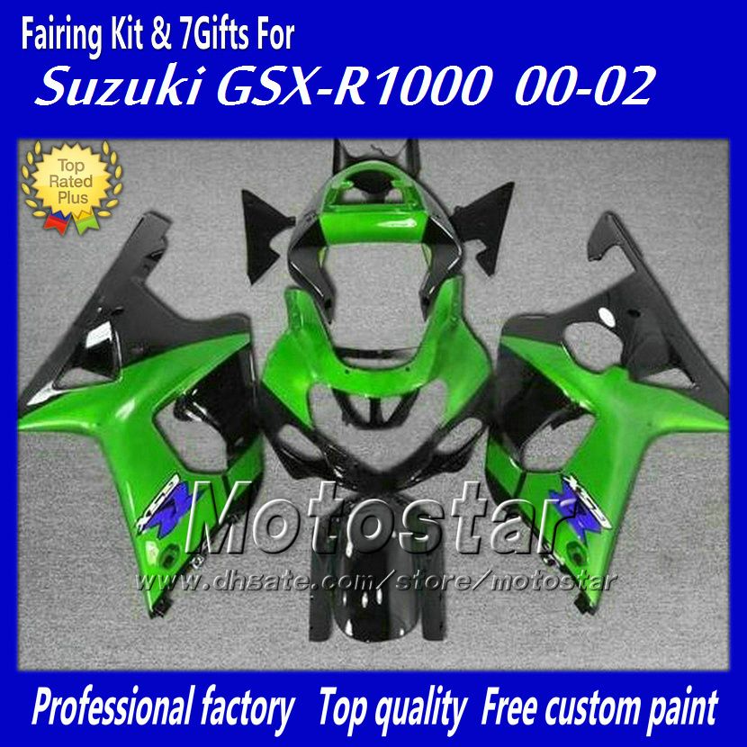 スズキGSXR 1000 K2 2000 2001 2002の7Giftsを備えたカスタムフェアリングボディキット2002 GSXR1000 00 01 02 R1000グリーンブラックフェアリングセットCC2