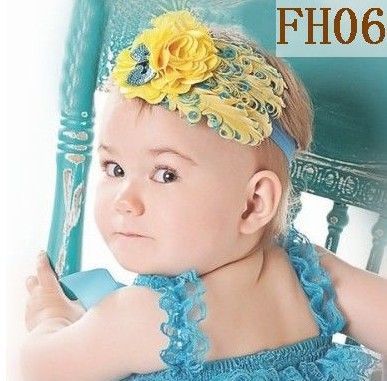 Headwear del bebé de flor de la pluma + venda elástico de 2 pulgadas Cinta del pelo hecho a mano de los niños