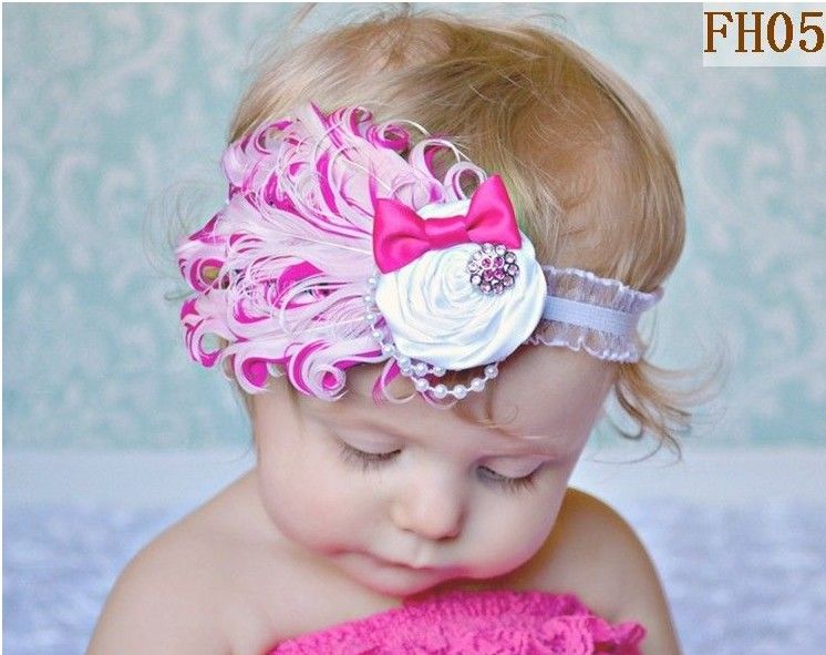 5 stks 10 kleur Baby Hoofddeksels Veer Bloem + 2 inch Elastische Hoofdband Kinderen Handgemaakte Haarlint