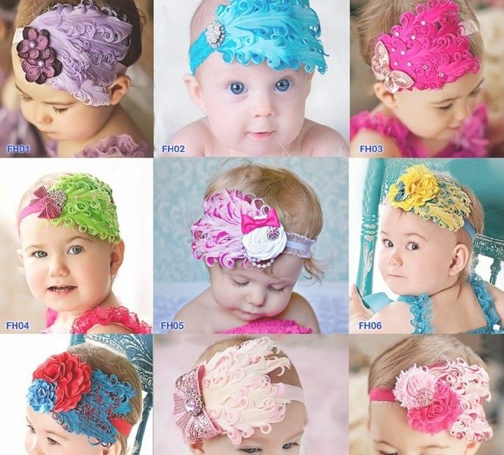 5pcs 10 color Baby's Headwear (Feather Flower+ 2inch Elastic Headband) Children Handmade Hair Ribbon