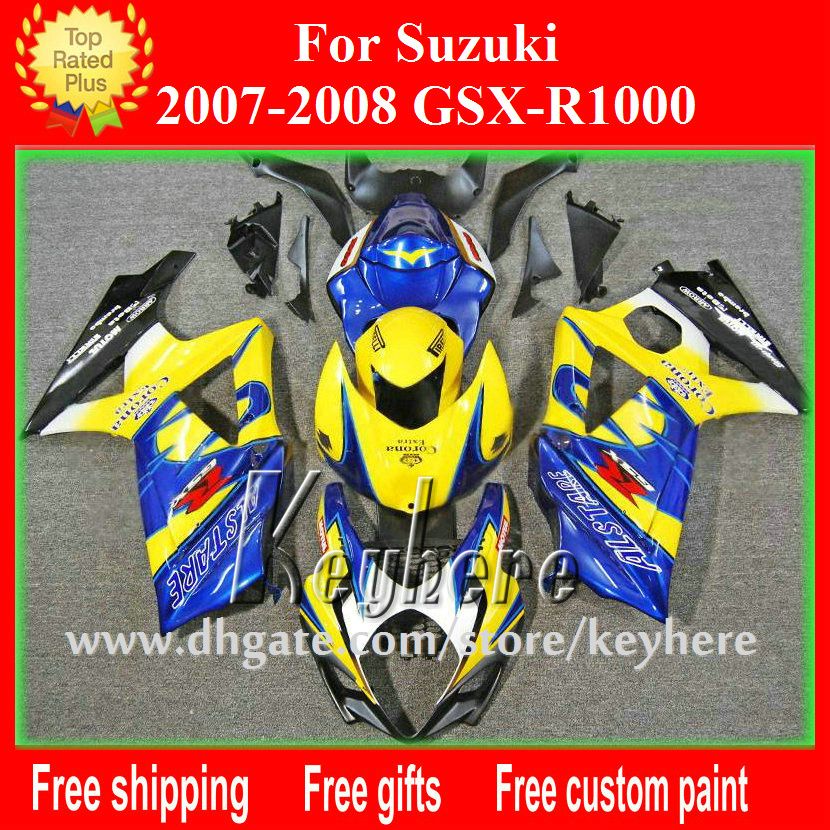 Kit de carenado de carrera personalizado gratuito para SUZUKI 2007 2008 GSX R1000 GSXR 1000 07 08 GSXR1000 K7 carenados G1h amarillo azul piezas de la motocicleta Corona