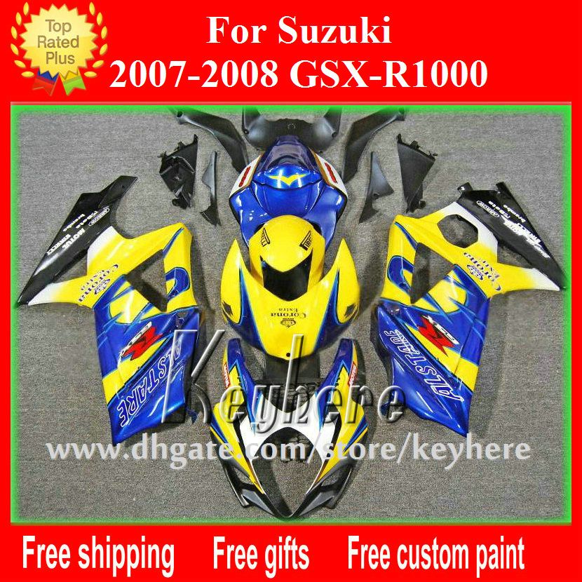 Free personalizado carenagem kit de corrida para SUZUKI 2007 2008 GSX R1000 GSXR 1000 07 08 GSXR1000 K7 carenagem G1h amarelo azul Corona peças da motocicleta