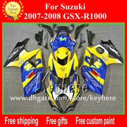 Free Custom race fairing kit for SUZUKI 2007 2008 GSX R1000 GSXR 1000 07 08 GSXR1000 K7 fairings G1h yellow blue Corona motorcycle parts