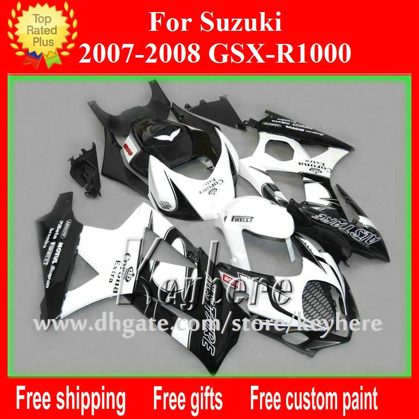 Gratis Custom Race Fairing Kit för Suzuki 2008 2008 GSX R1000 GSXR 1000 07 08 K7 Fairings G3J Corona Vit svart eftermarknad Motorcykeldelar