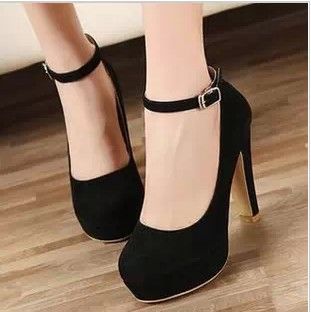 Fashion Black Bridal Wedding Shoes Gril Round Thick Heel Suede ...