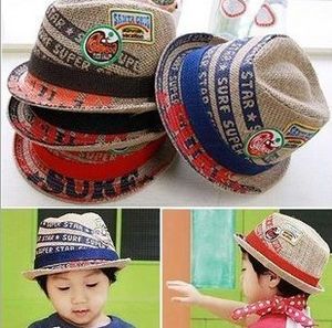 Boy Embroideried label kids fedora hat baby linen top hat with 4 colors children jazz cap baby sun cap 10pcs/lot