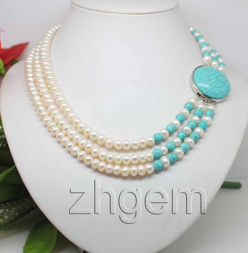 2018 Natural White Pearl Turquoise Necklace 17 Long From Gemswholesale ...