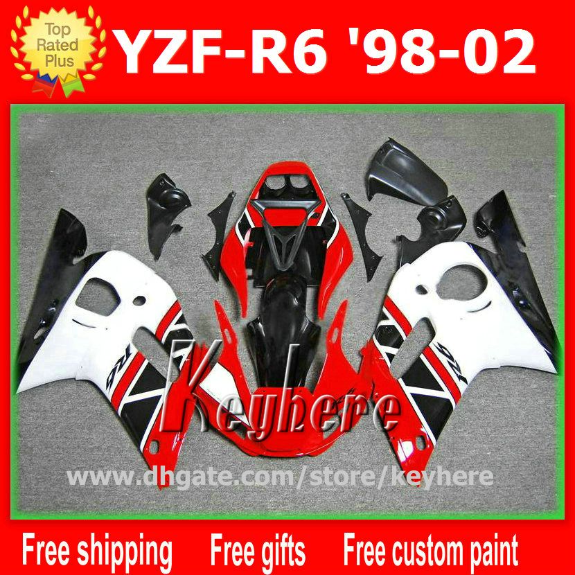 무료 7 가지 선물 YZF R6 용 페어링 키트 사용자 정의 1998 1999 2000 2001 2002 YZFR6 98 99 00 01 02 페어링 G1h 빨간색 검정색 흰색 오토바이 차체