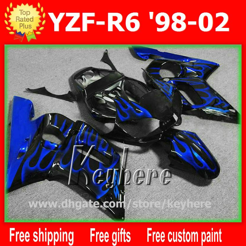 7 regali gratuiti Personalizza il kit carenatura per YZF R6 1998 1999 2000 2001 2002 YZFR6 98 99 00 01 02 carene G1h set carrozzeria moto fiamme blu