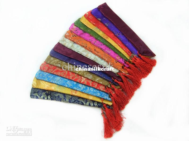 Silk brocade Printed Chopstick Bag Chinese style Tassel Pouch 50pcs/lot mix color Free
