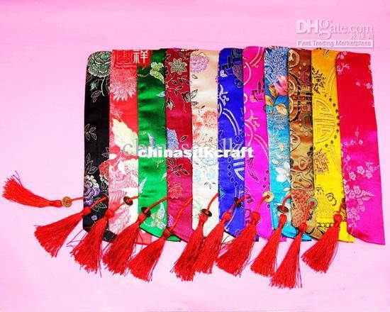 Silk brocade Printed Chopstick Bag Chinese style Tassel Pouch 50pcs/lot mix color Free