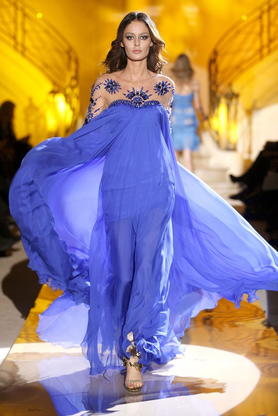 Sexy Blue Evening Dresses Chiffon Jewel Long Sleeves Floor Length ...