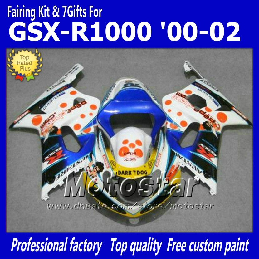 Custom motorfiets stroomlijnkappen met 7 giften voor SUZUKI GSXR 1000 K2 2000 2001 2002 GSXR1000 00 01 02 R1000 mix kleur kuip kit dd60