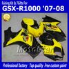 7 gåvor Motorcykelmässor för Suzuki 2007 2008 GSX-R1000 07 08 GSX-R1000 K7 GSXR1000 GSX R1000 Yellow Black ABS Fairing DD81
