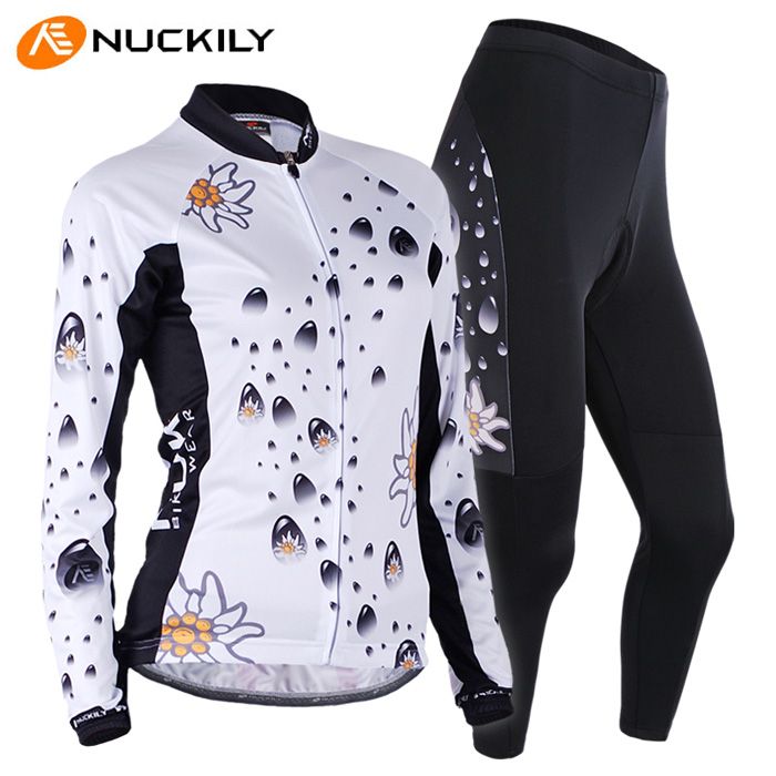 New Women Outdoor Cycling NUCKILY White and Back Long Sleeve Jersey + Pants Bicycle S - XL