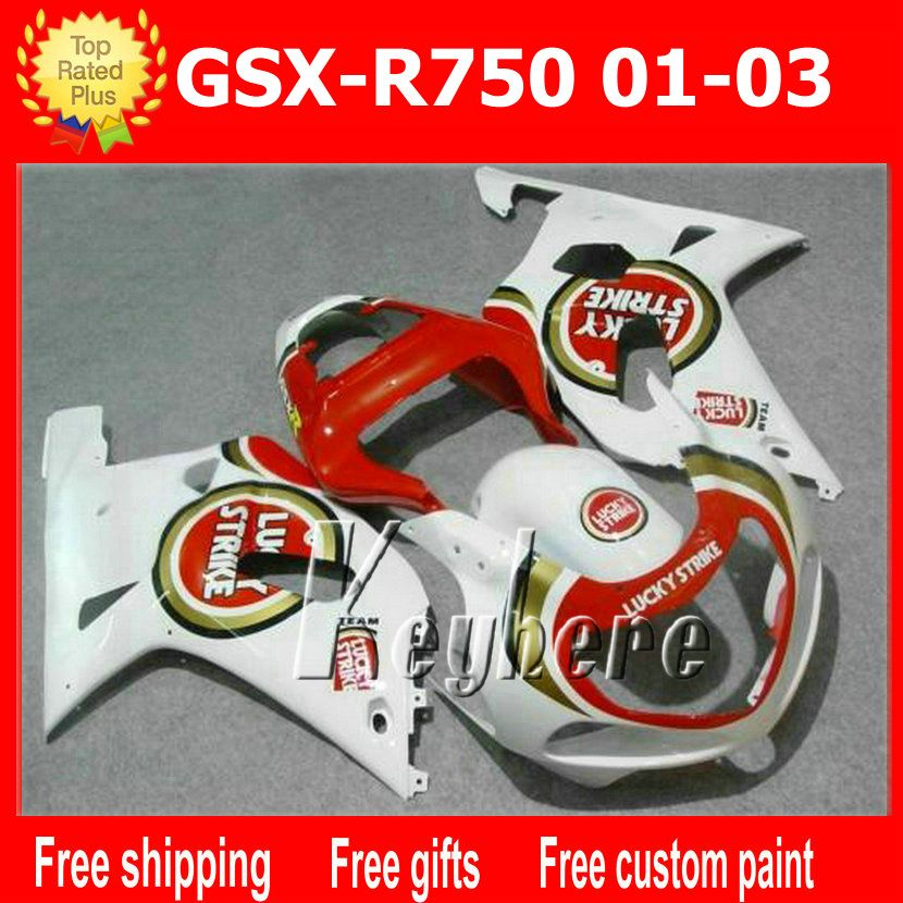 무료 SUZUKI GSX-R750 용 7 종 선물 레이스 페어링 키트 01 02 03 GSXR 750 2001 2002 2003 K1 페어링 G6t 레드 LUCKY STRIKE 오토바이 부품