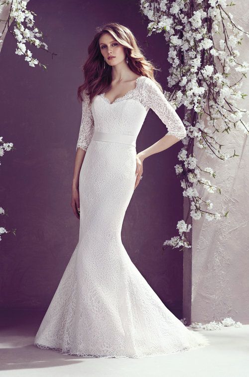Lace Long Sleeve Mermaid Wedding Dresses 2013 Satin V Neck Open Back Sash Sweep Train Mikaella 
