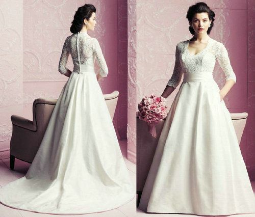 Discount 2013 V Neck Lace Long  Sleeve  Wedding  Dresses  A 