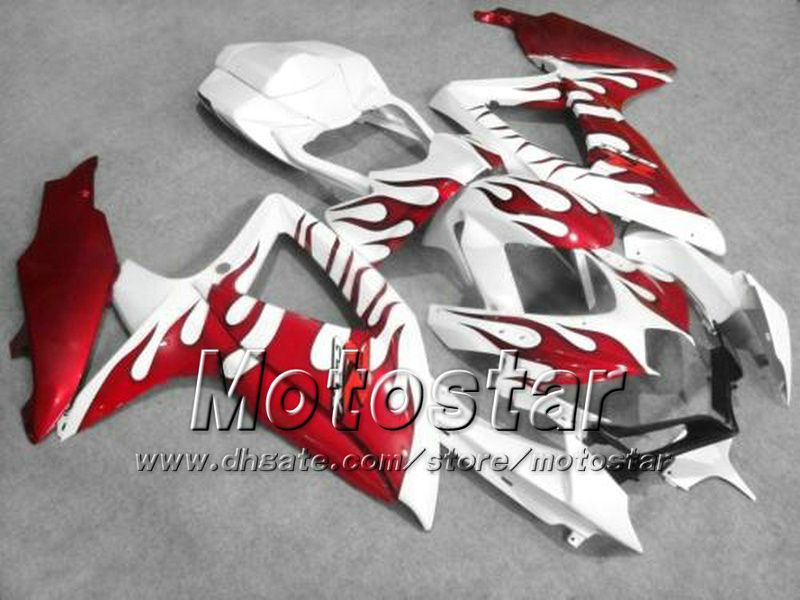 スズキ2008 2009のオートバイフェアリング2010 GSX-R600 GSX-R750 08 09 10 GSXR 600 GSXR750 K8 RED FLAME White Fairings Kit