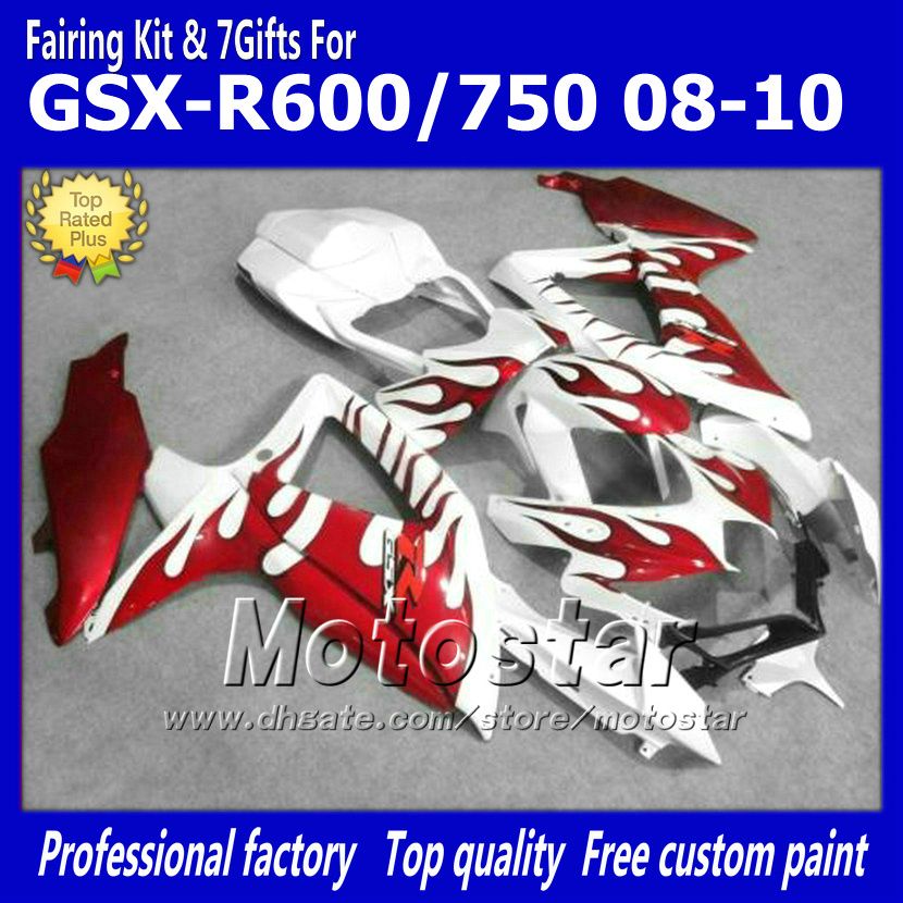 

Motorcycle fairings for SUZUKI 2008 2009 2010 GSX-R600 GSX-R750 08 09 10 GSXR 600 GSXR750 K8 red flame white fairings kit, Multi-color