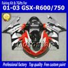 Carénages moto pour SUZUKI GSXR 600 750 K1 2001 2002 2003 GSXR600 GSXR750 01 02 03 R600 R750 carénage abs rouge argent ff67