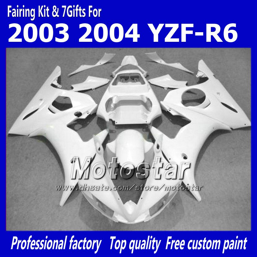 7 선물 페어링스 바디 키트 Yamaha 2003 2004 YZF-R6 03 03 04 YZFR6 YZF R6 YZF600 광택 흰색 페어링 세트 GG73