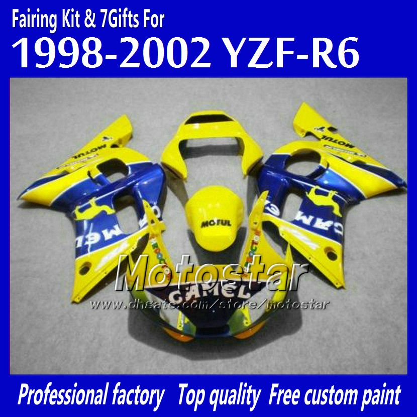 Gratis anpassat mairing-kit för Yamaha YZF-R6 1998 1999 2000 2001 2002 YZFR6 YZF R6 YZF600 GUL MOTUL FAIRINGS SET HH1