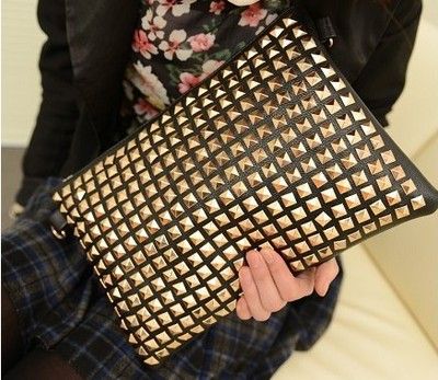 Black PU Leather Gold Pyramid Rivet Studs Clutch Zipper Bag Wallet Shoulder Bag Handmade Wallets ...