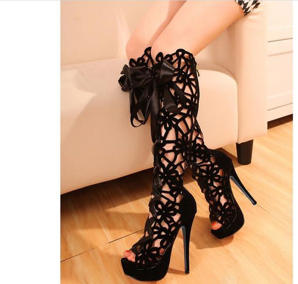 

Whoesale Шпильках Сапоги Романтический Выдалбливают Красный Черный Колена Длинные К