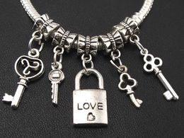 Love Key\Lock Dangle Charm Big Hole Beads 100pcs/lot Bulk 5Styles Dangle Fit European Bracelet Jewellery DIY