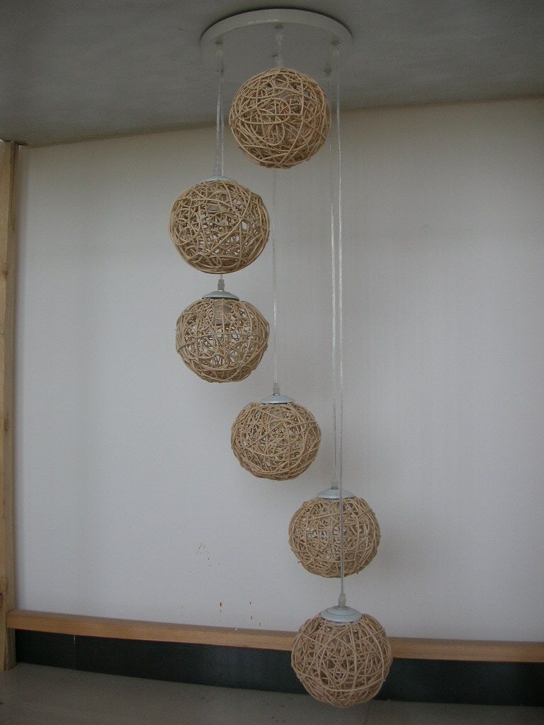 6 Light Natural Rattan Woven Ball Stair Pendant Light Living Room Pendant Lamp Bedroom Hallway