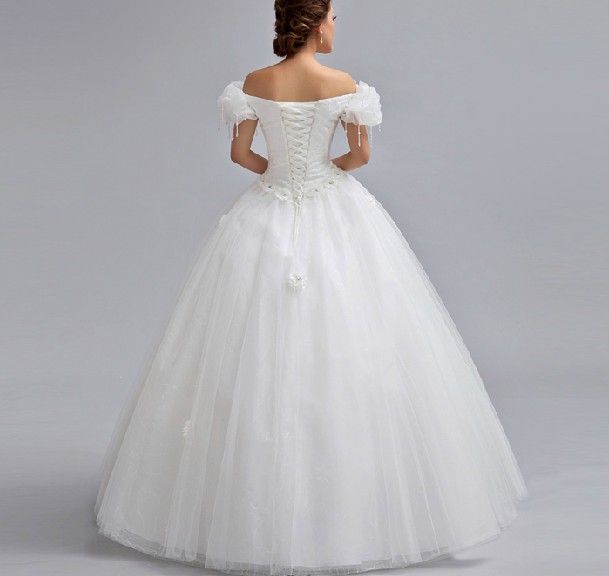 Ny Special Off Shoulder Puff Sleeve A-Line Stropless Cathedral Train Princess Crystal Bridal Gown / Wedding Dresses