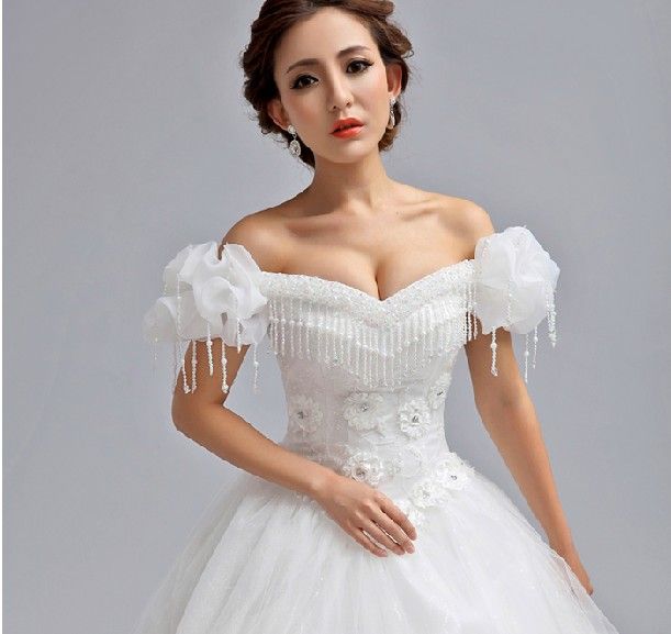 Ny Special Off Shoulder Puff Sleeve A-Line Stropless Cathedral Train Princess Crystal Bridal Gown / Wedding Dresses