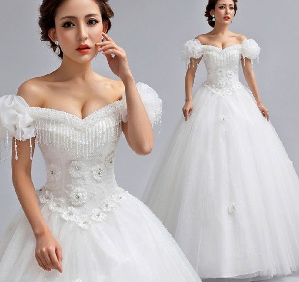 Ny Special Off Shoulder Puff Sleeve A-Line Stropless Cathedral Train Princess Crystal Bridal Gown / Wedding Dresses