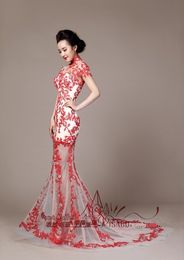 Custom Latest Charming Sexy High Neck Backless Wedding Dresses White And Red Lace Bridal Mermaid Wedding Gowns257K