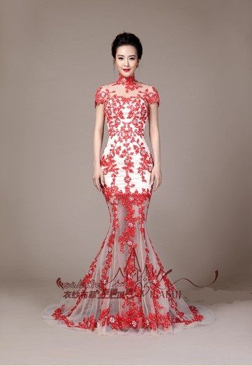 Niestandardowe urocze Seksowne seksowne sukienki ślubne o wysokiej szyi Białe i czerwone koronkowe syrena ślubna suknie ślubne 243z