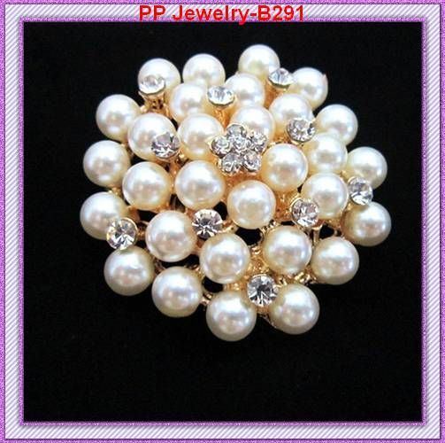 Guldton Fancy Rhinestone Clear Crystal och Faux Pearl Flower Brosch / Bröllop Bouquet, Party Pins B291