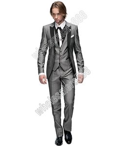 Brand One Button Light Grey Groom Tuxedos Najlepszy człowiek Peak Black Lapel Groomsmen Mężczyźni Wedding Garnitury Oblubienia (Kurtka + Spodnie + Kamizelka + Kamizelka) H956
