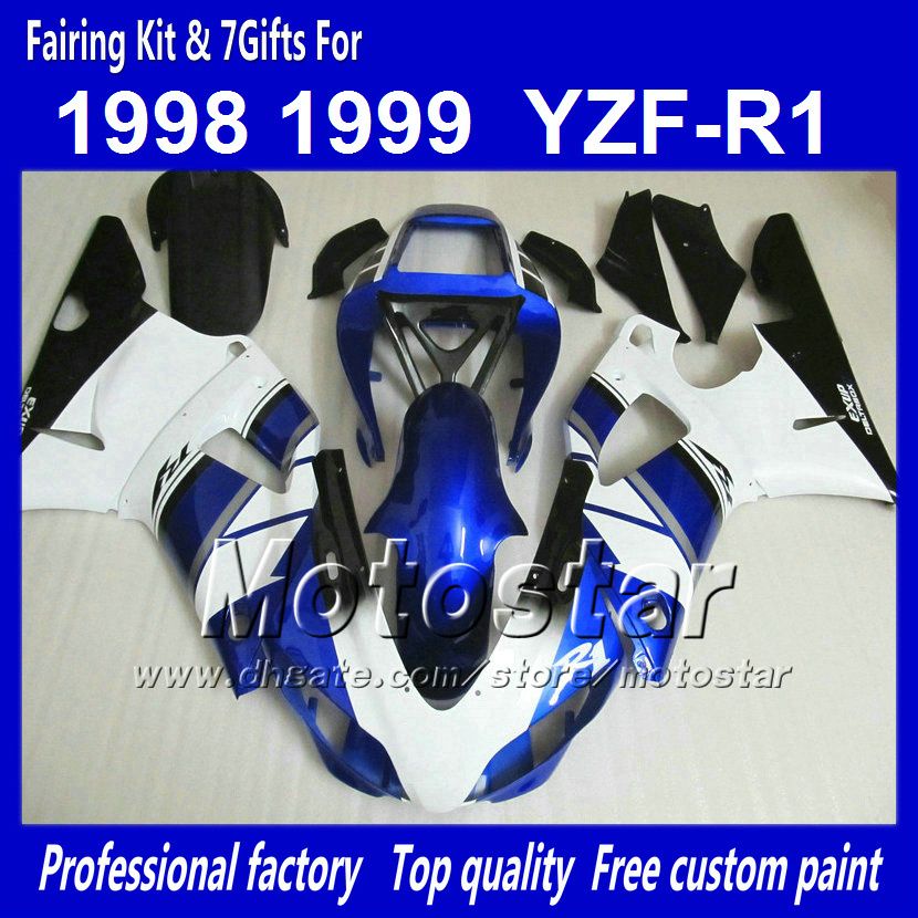 7 Geschenken custom carrosserie stroomlijnkappen voor YAMAHA 1998 1999 YZF-R1 98 99 YZF R1 YZFR1000 blauw wit zwart ABS kuip NN12