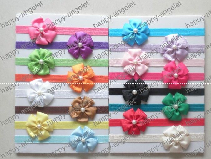 طفل grosgrain الشريط خمس بتلات زهرة Bowknot اللؤلؤ لصقها على قزحي الألوان عصابات ماع للمد ينة رئيس مطاطا الشعر 50PCS