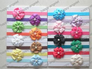 Bebê gorgorão fita de cinco pétalas de flores de pérolas bowknot colado ao iridescentes tiaras cintilantes 50pcs cabeça cabelo elástico macio elásticos