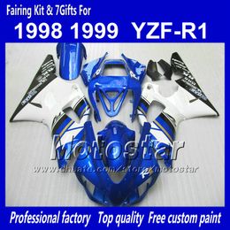 7 Presentes carenagem de carroceria personalizada para YAMAHA 1998 1999 YZF-R1 98 99 YZF R1 YZFR1000 azul branco ABS carenagem NN18